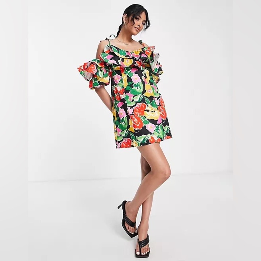 Topshop Fiesta Bloom Bold Floral Cotton Blend Ruffle Cold Shoulder Bardot Dress